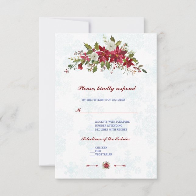 Winter White Poinsettia Snowflakes Wedding RSVP (Front)