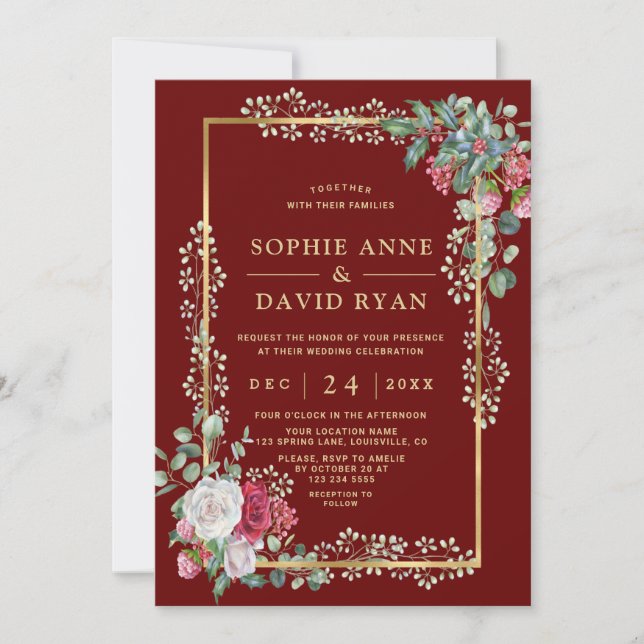 Winter White Red Floral Burgundy Gold Wedding Invitation (Front)