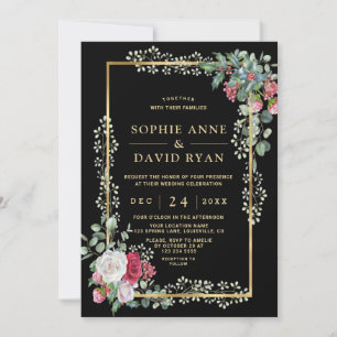 Winter White Red Floral Holly Berry Gold Wedding Invitation