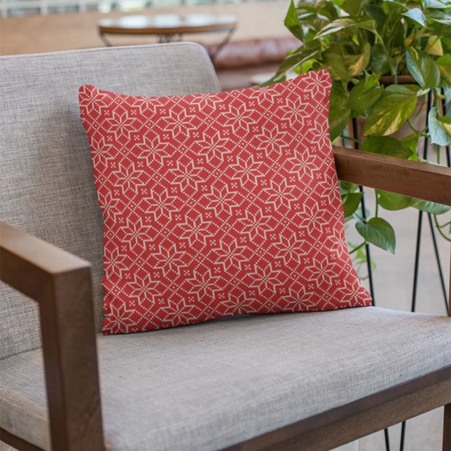 Winter White Red Snowflakes Knitting Pattern Cushion (Creator Uploaded)