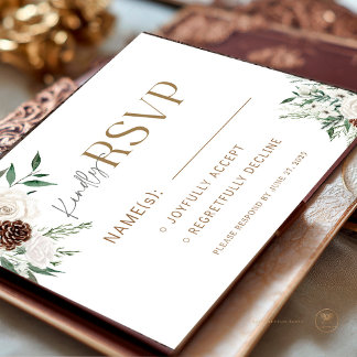 Winter White Rose Evergreen Pinecone Wedding RSVP Enclosure Card