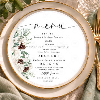 Winter White Rose Evergreen Pineconefor plate Menu
