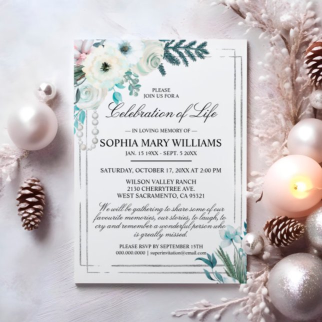Winter White Rose Funeral Celebration of Life Invitation (Creator Uploaded)