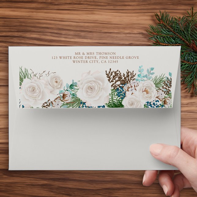 Winter White Roses Address 5x7 Wedding Invitation Envelope (Winter Wedding Invitation Envelope with Pine Eucalyptus and White Roses. )