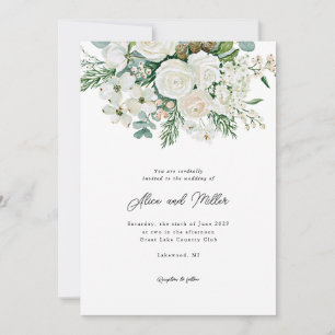Winter White Roses Dogwood and Spruce Wedding Invitation