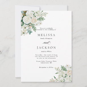Winter White Roses Dogwood and Spruce Wedding Invitation