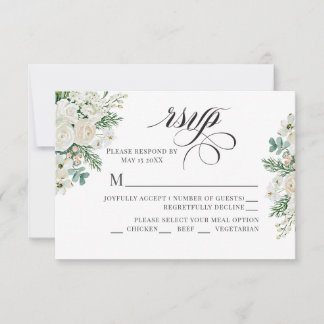 Winter White Roses Dogwood and Spruce Wedding RSVP Card