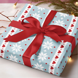 Winter White Snowflake Red Love Hearts Nordic Wrapping Paper