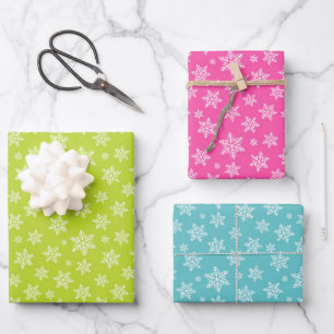 Winter White Snowflakes on green pink and blue Wrapping Paper Sheet