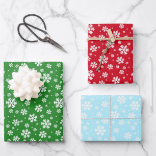 Winter White Snowflakes on green red and blue Wrapping Paper Sheet
