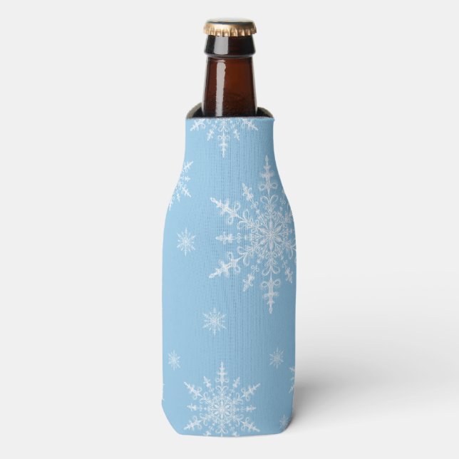 Winter White Snowflakes on Light Cornflower Blue Bottle Cooler (Bottle Front)