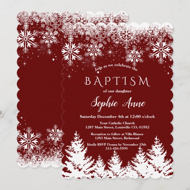 Winter White Snowflakes Red Glitter Girl Baptism Invitation (Front/Back)