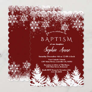 Winter White Snowflakes Red Glitter Girl Baptism Invitation