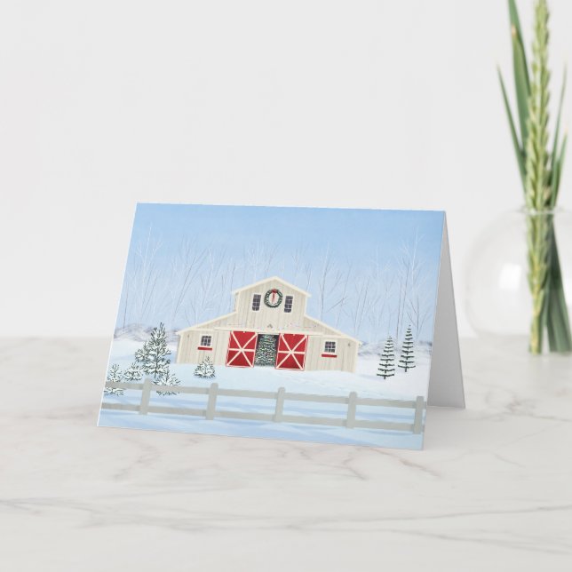 Winter White Snowy Christmas Barn Blank Card (Front)