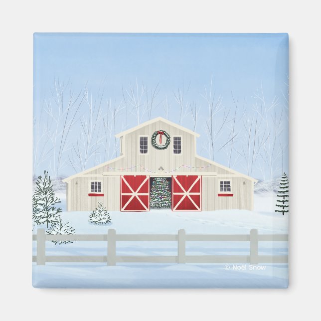 Winter White Snowy Christmas Barn Magnet (Front)