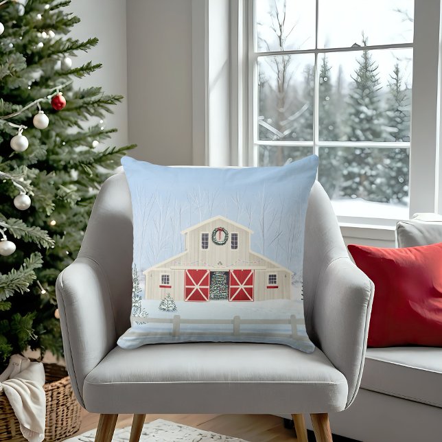 Winter White Snowy Christmas Barn Red Doors Cushion (20 x 20)