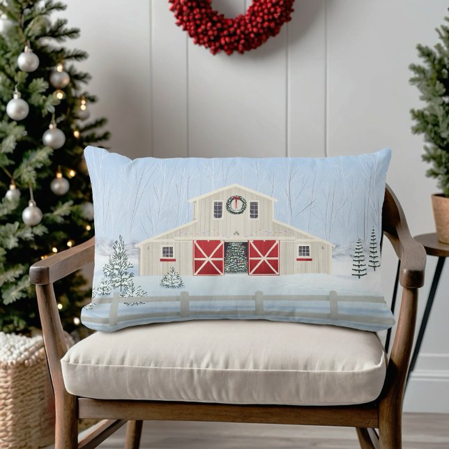 Winter White Snowy Christmas Barn Red Doors Lumbar Cushion (Creator Uploaded)