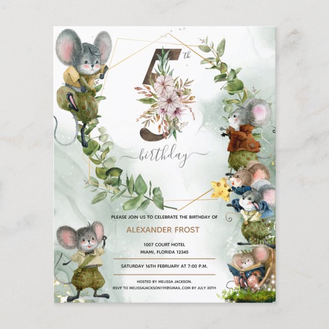 Winter Wild Mice 5th Birthday Party Invitation (Front)