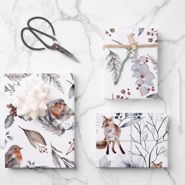 Winter Wildlife Birds Fox Leaves Botanical Wrapping Paper Sheet (Front)