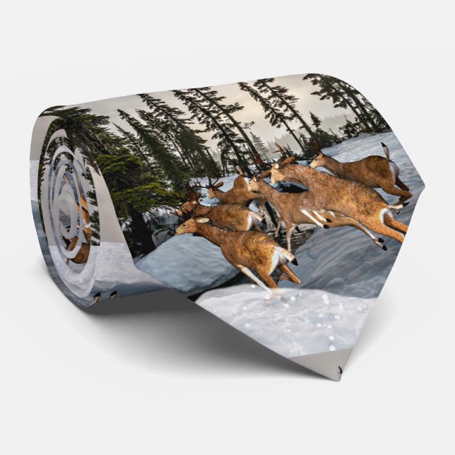 Winter Wildlife Mule Deer Running in Snow / Hunter Tie (Rolled)