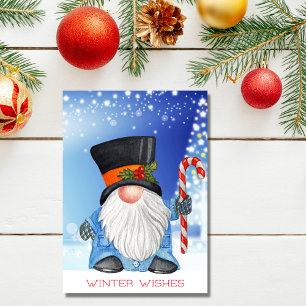 Winter Wishes Christmas Gnome Blue and White Holiday Card