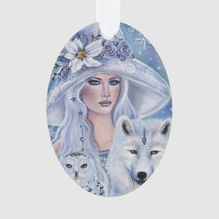 Winter witch with fox and owl by Renee Lavoie Ornament