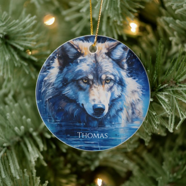 Winter Wolf Personalised Name  Ceramic Tree Decoration (Tree)