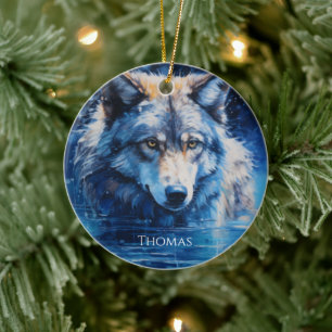 Winter Wolf Personalized Name  Ceramic Tree Decoration