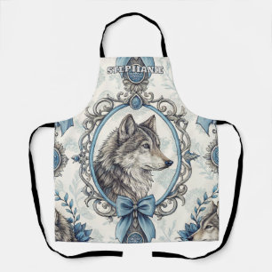 Winter Wolf Portrait in Ornate Blue & Grey Frame Apron