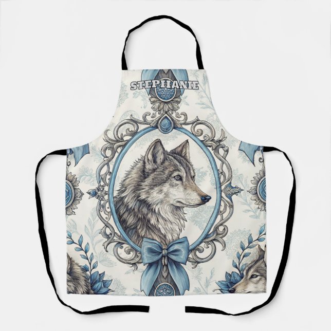Winter Wolf Portrait in Ornate Blue & Grey Frame Apron (Front)