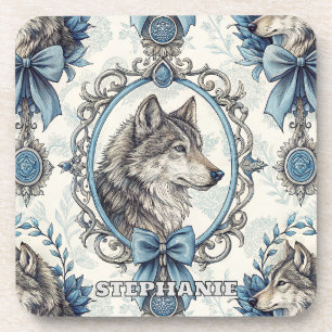 Winter Wolf Portrait in Ornate Blue & Grey Frame Coaster