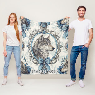 Winter Wolf Portrait in Ornate Blue & Grey Frame Fleece Blanket
