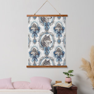 Winter Wolf Portrait in Ornate Blue & Grey Frame Hanging Tapestry