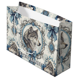 Winter Wolf Portrait in Ornate Blue & Grey Frame Large Gift Bag