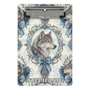 Winter Wolf Portrait in Ornate Blue & Grey Frame Mini Clipboard