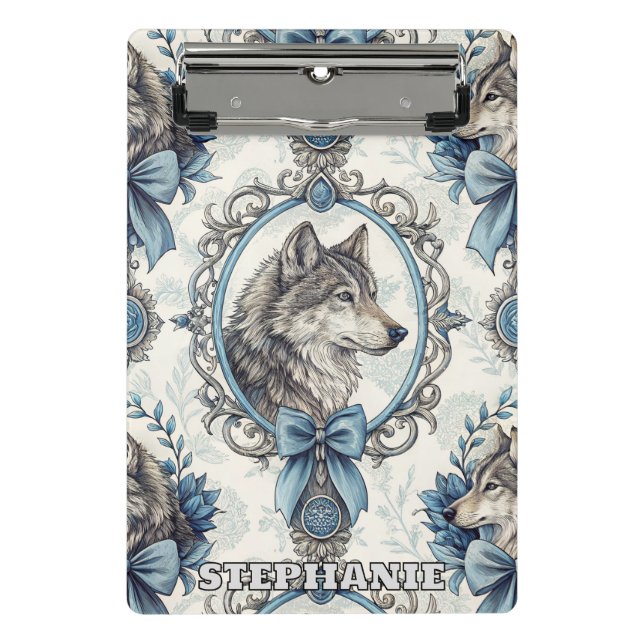Winter Wolf Portrait in Ornate Blue & Grey Frame Mini Clipboard (Front)