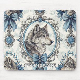 Winter Wolf Portrait in Ornate Blue & Grey Frame Mouse Mat