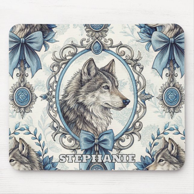 Winter Wolf Portrait in Ornate Blue & Grey Frame Mouse Mat (Front)