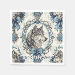 Winter Wolf Portrait in Ornate Blue & Grey Frame Napkin