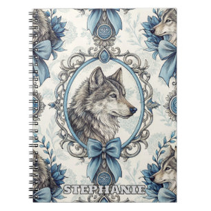 Winter Wolf Portrait in Ornate Blue & Grey Frame Notebook