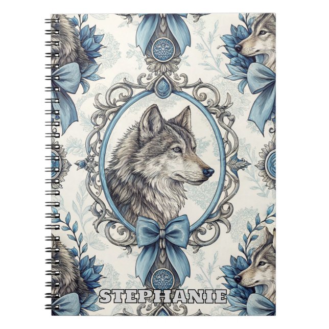 Winter Wolf Portrait in Ornate Blue & Grey Frame Notebook (Front)