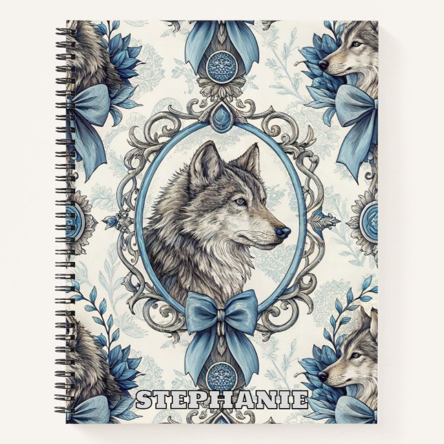 Winter Wolf Portrait in Ornate Blue & Grey Frame Notebook (Front)