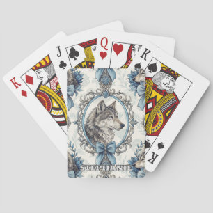 Winter Wolf Portrait in Ornate Blue & Grey Frame Playing Cards