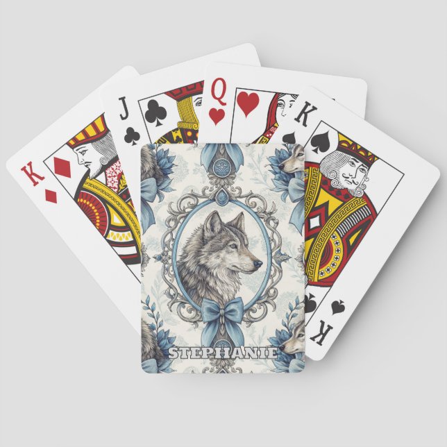 Winter Wolf Portrait in Ornate Blue & Grey Frame Playing Cards (Back)