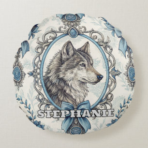 Winter Wolf Portrait in Ornate Blue & Grey Frame Round Cushion