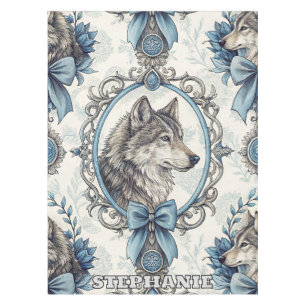 Winter Wolf Portrait in Ornate Blue & Grey Frame Tablecloth