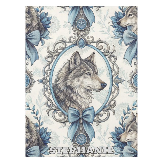 Winter Wolf Portrait in Ornate Blue & Grey Frame Tablecloth (Front)