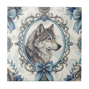 Winter Wolf Portrait in Ornate Blue & Grey Frame Tile