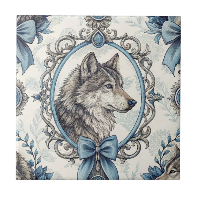 Winter Wolf Portrait in Ornate Blue & Grey Frame Tile (Front)