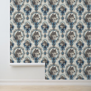 Winter Wolf Portrait in Ornate Blue & Grey Frame Wallpaper